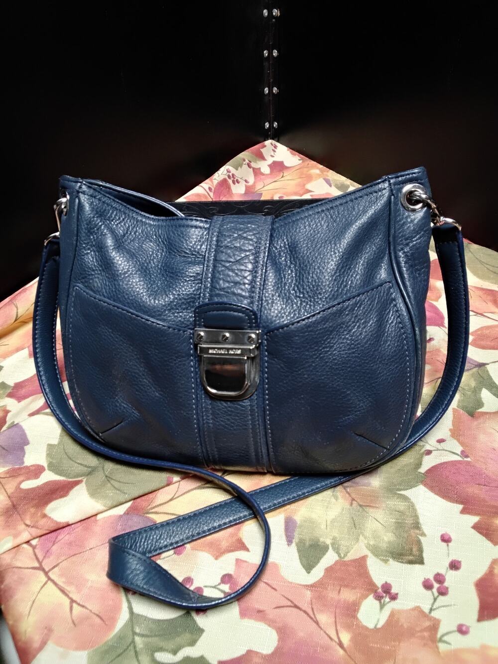 Michael Kors Dark Blue Crossbody purse number AQ-1011 Silver tone hardware